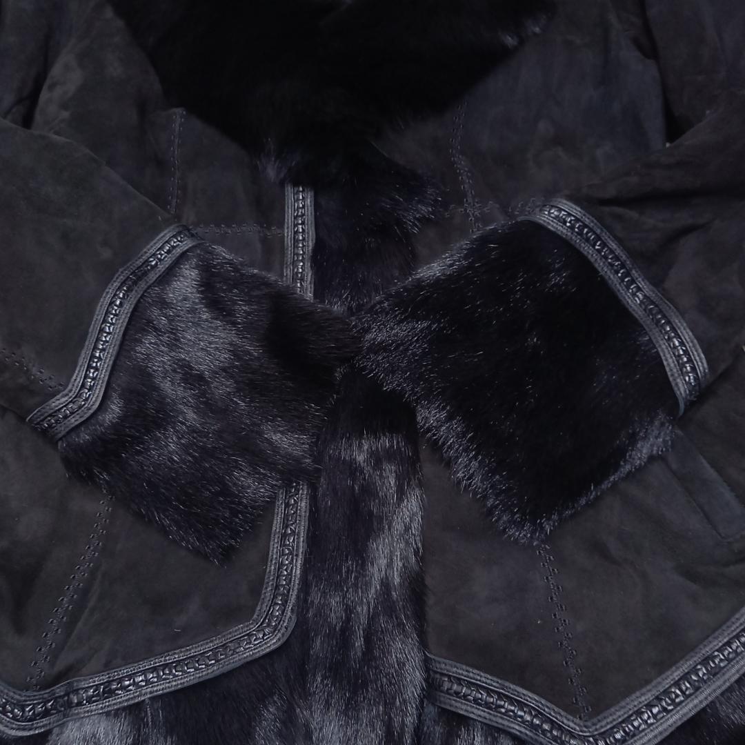 豪華✨リアルレザー＆リアルファー ベルテッドコート ゴートレザー ブラック