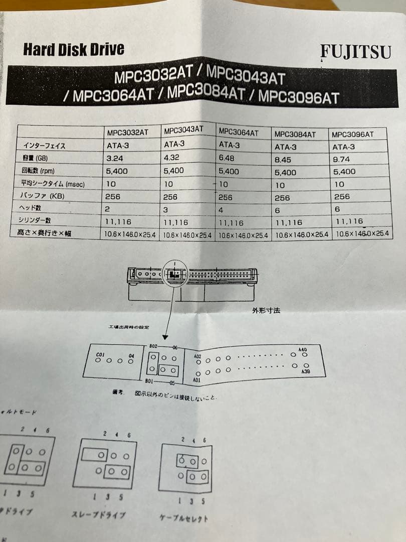 内蔵型ハードディスクドライブ Fujitsu MPC3084AT ATA-3 8.4GB