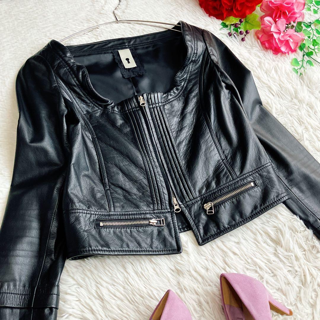 銀座マギー★カウレザー ライダースジャケット ノーカラー フリル 本革 ブラック