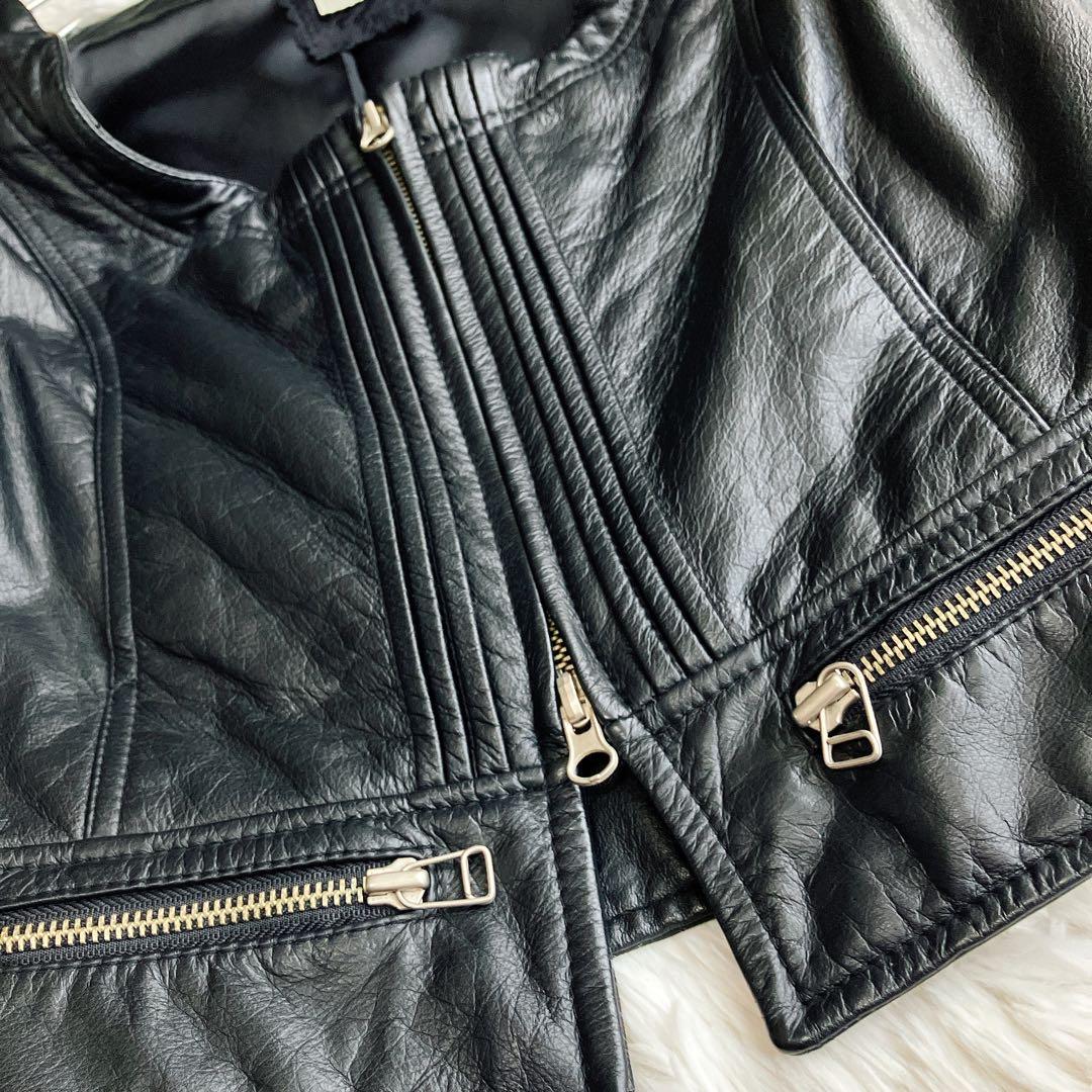 銀座マギー★カウレザー ライダースジャケット ノーカラー フリル 本革 ブラック