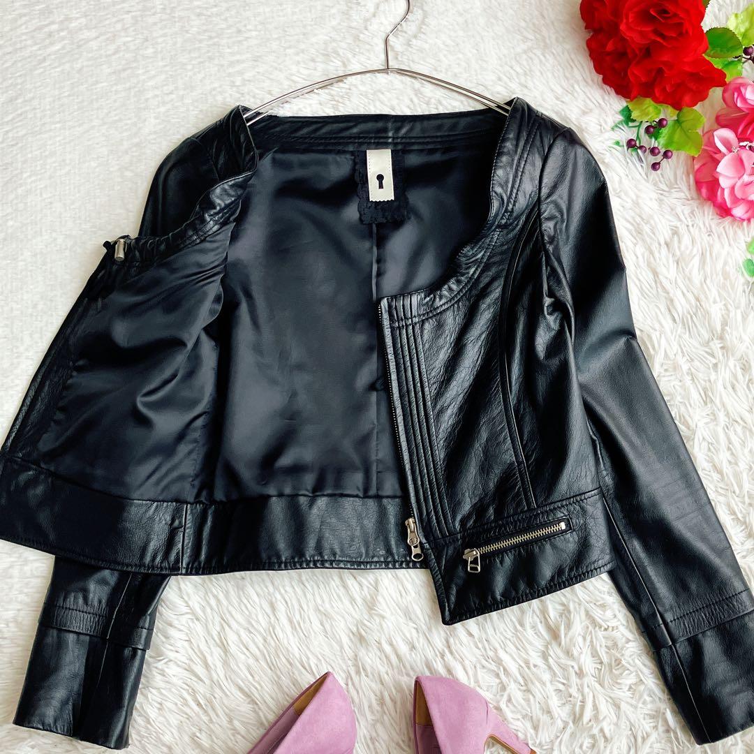 銀座マギー★カウレザー ライダースジャケット ノーカラー フリル 本革 ブラック