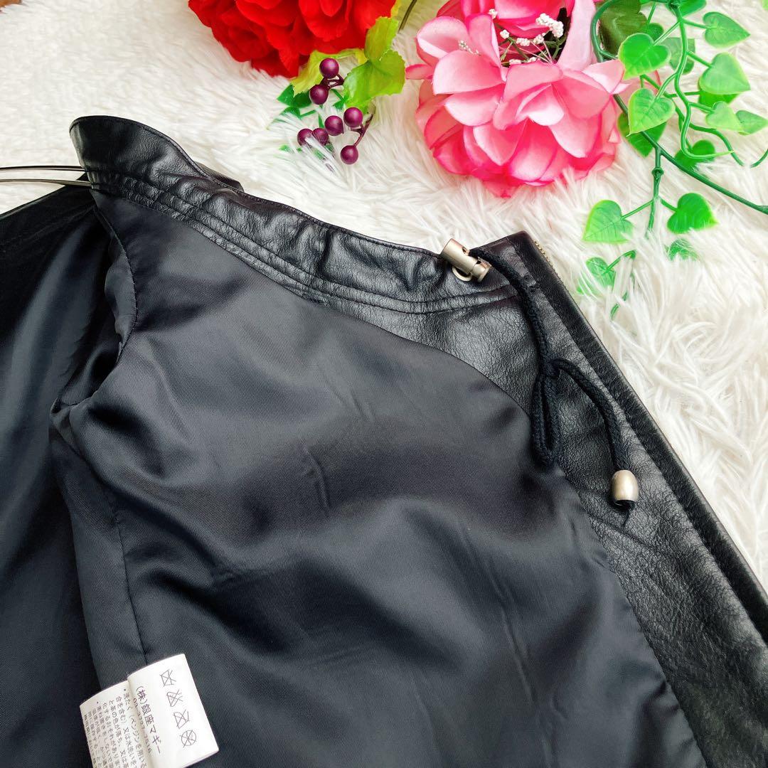 銀座マギー★カウレザー ライダースジャケット ノーカラー フリル 本革 ブラック