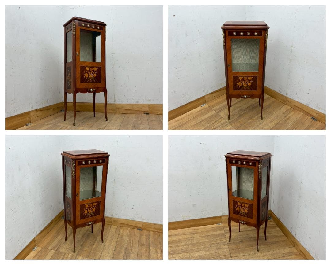 T7991☆展示品イタリアネオクラシックルイ16世様式象嵌細工真鍮金具飾り棚