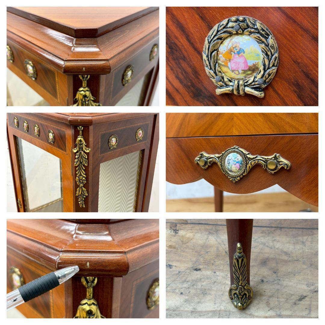 T7991☆展示品イタリアネオクラシックルイ16世様式象嵌細工真鍮金具飾り棚