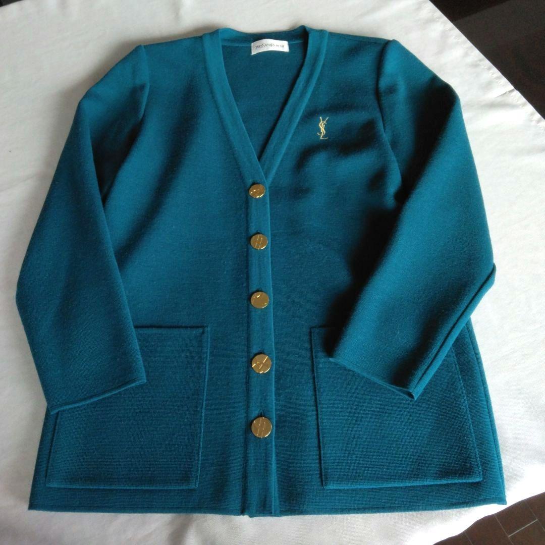 イヴ・サンローラン カーデガン ロゴ刺繍 金ボタン ヴィンテージ グリーン