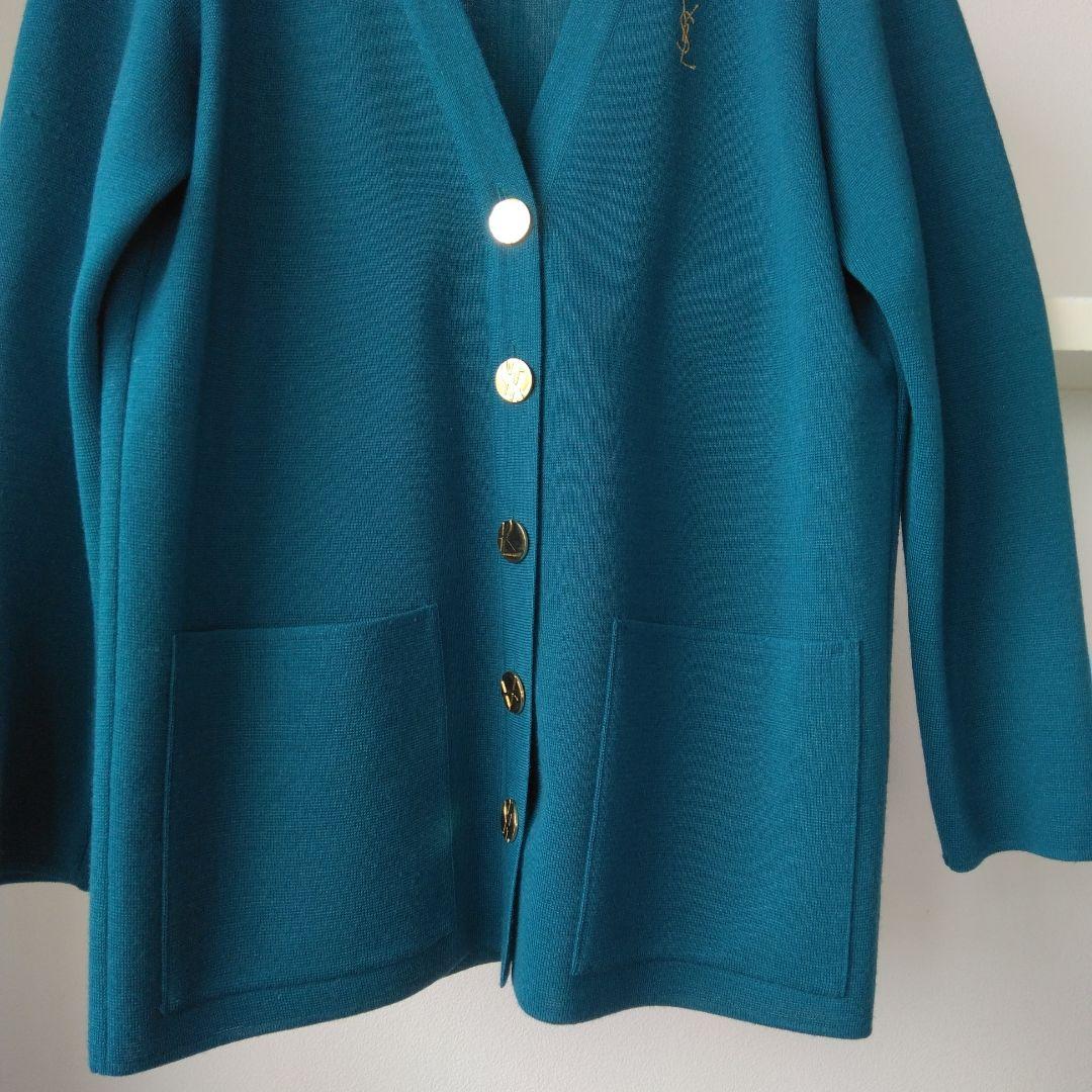 イヴ・サンローラン カーデガン ロゴ刺繍 金ボタン ヴィンテージ グリーン