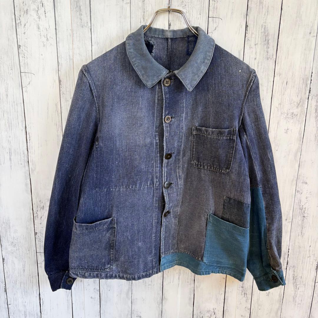 40s フレンチ インディゴリネン カバーオール ワークジャケット ユーロ 襤褸