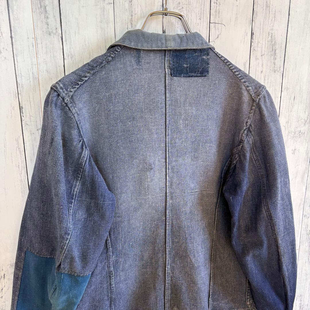 40s フレンチ インディゴリネン カバーオール ワークジャケット ユーロ 襤褸