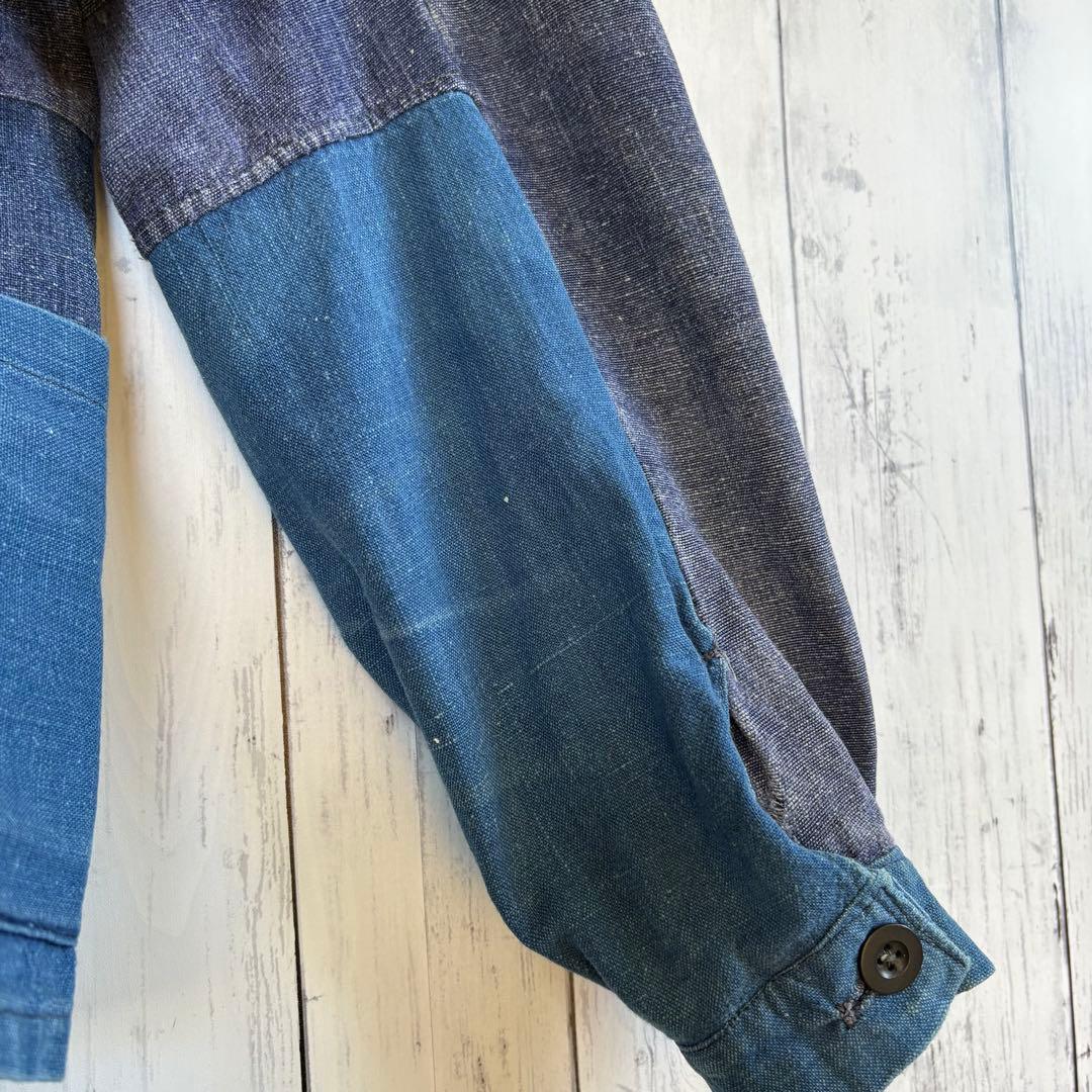 40s フレンチ インディゴリネン カバーオール ワークジャケット ユーロ 襤褸