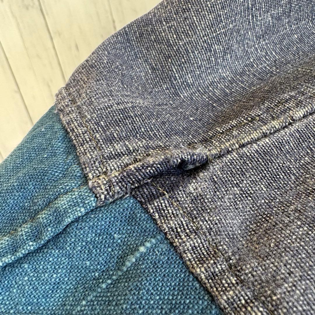 40s フレンチ インディゴリネン カバーオール ワークジャケット ユーロ 襤褸