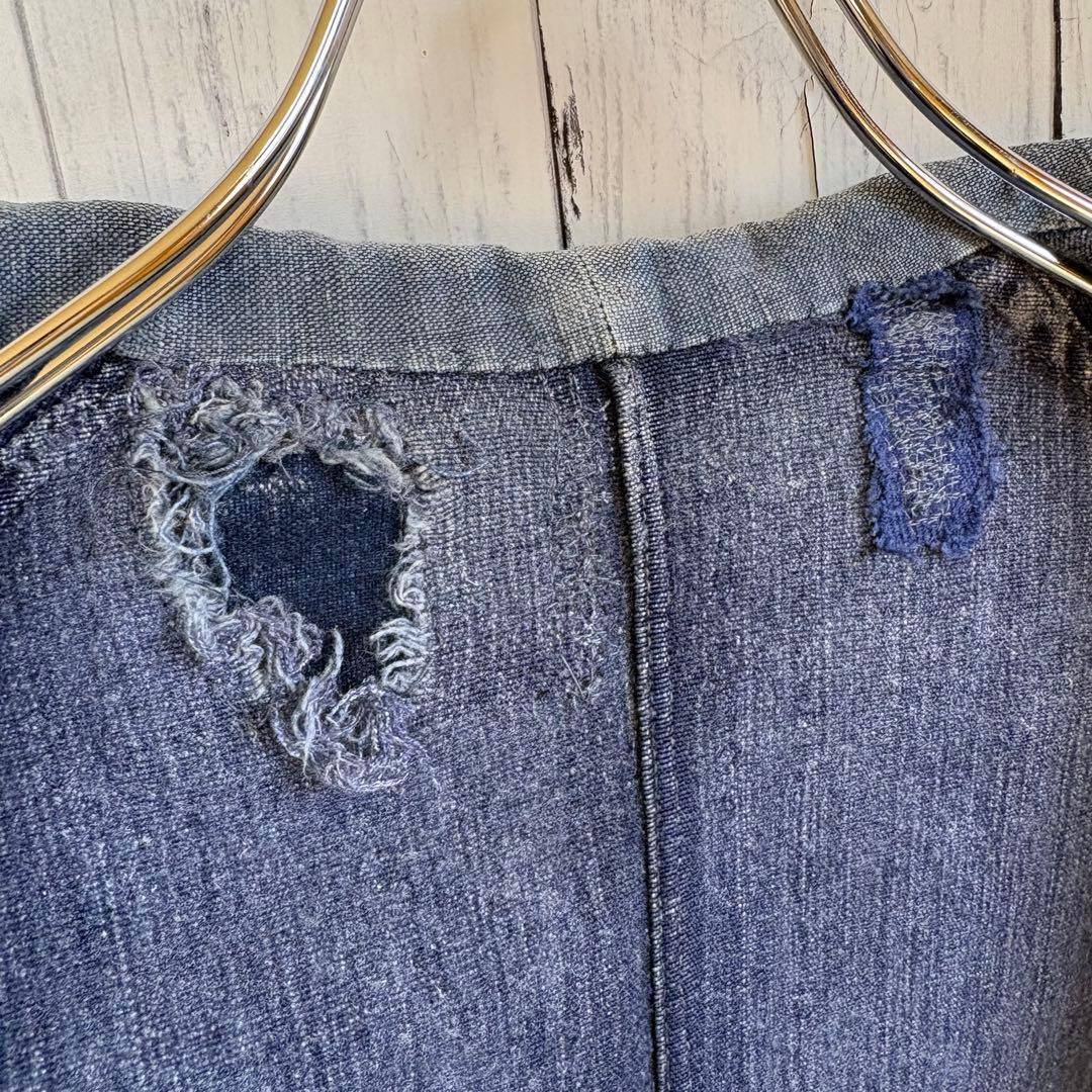 40s フレンチ インディゴリネン カバーオール ワークジャケット ユーロ 襤褸