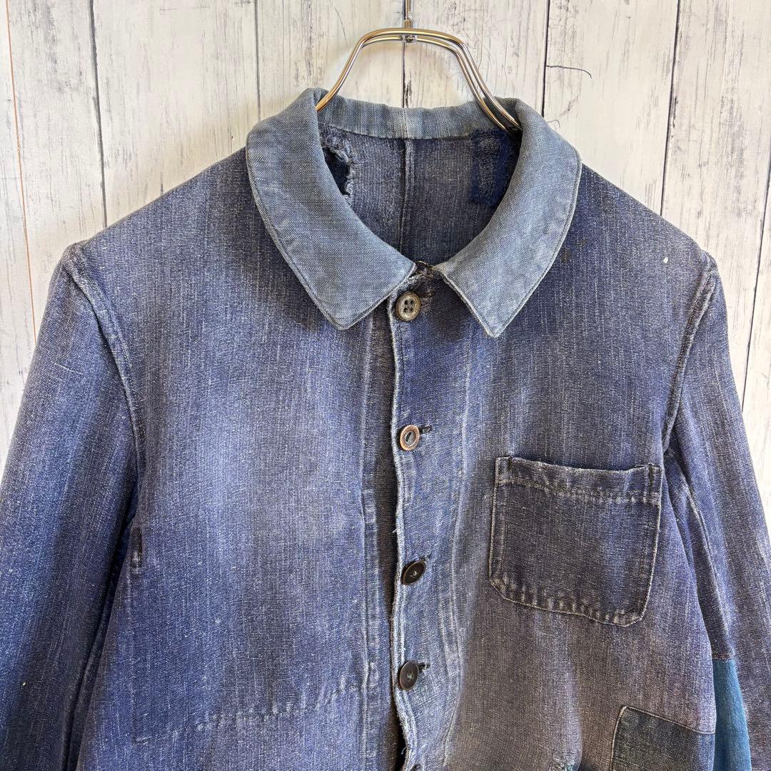 40s フレンチ インディゴリネン カバーオール ワークジャケット ユーロ 襤褸