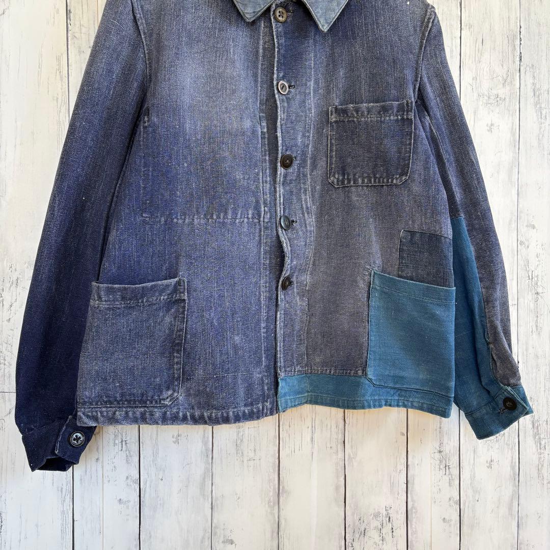 40s フレンチ インディゴリネン カバーオール ワークジャケット ユーロ 襤褸