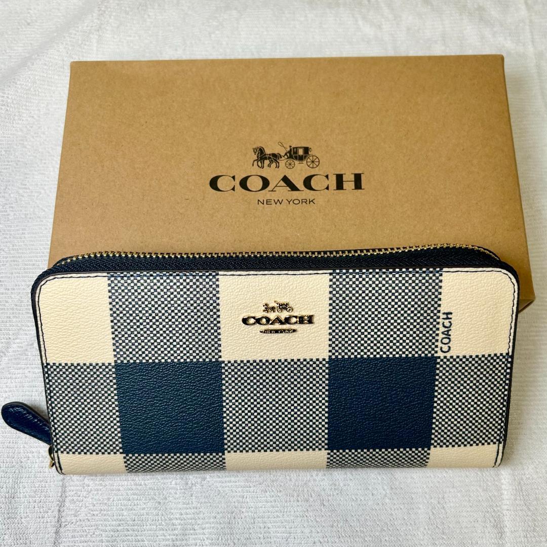 【新品 未使用品】 COACH コーチ 長財布 チェック柄 ネイビー ホワイト