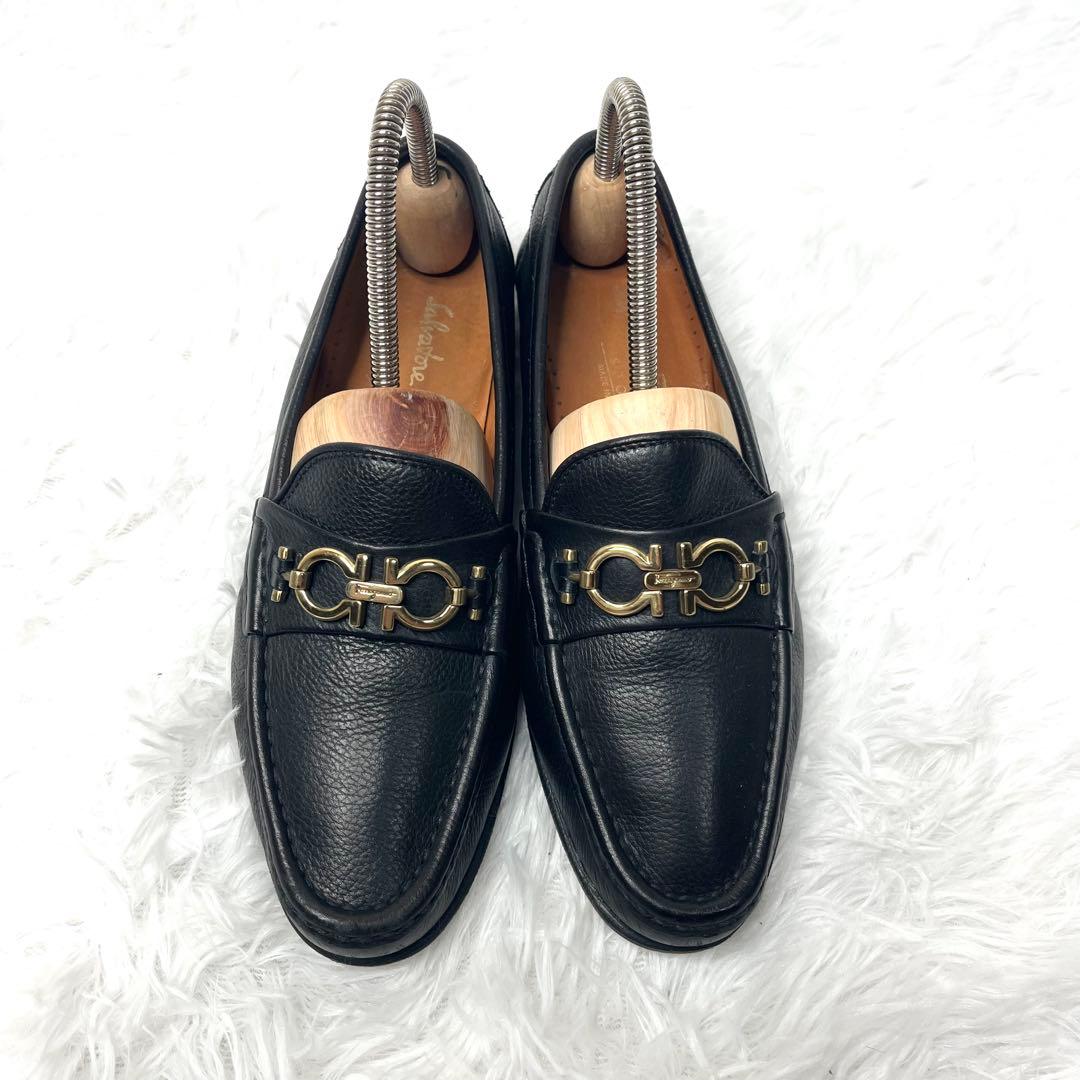 【美品】 フェラガモ ガンチーニ ビットローファー 24.0cm シボ加工 黒