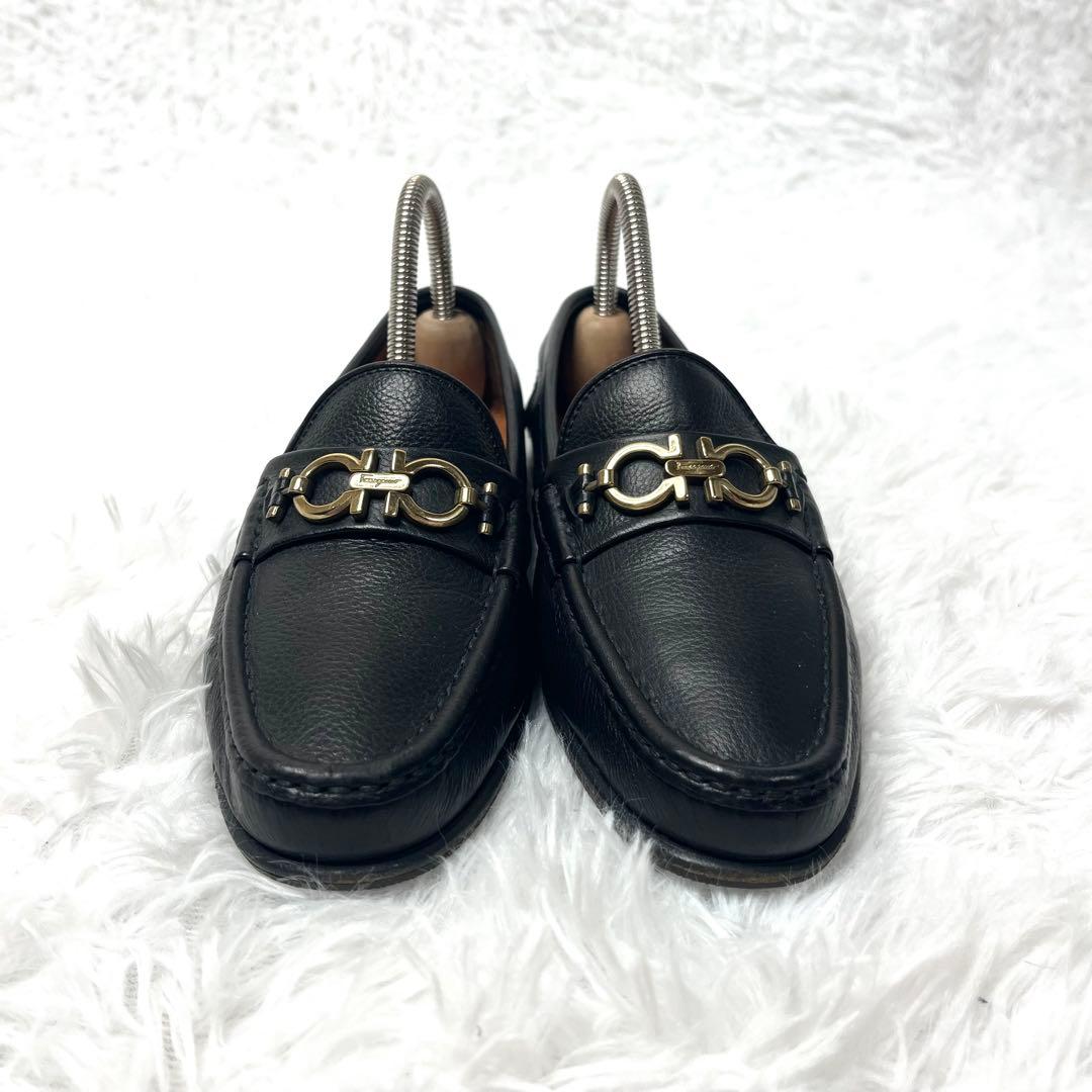 【美品】 フェラガモ ガンチーニ ビットローファー 24.0cm シボ加工 黒