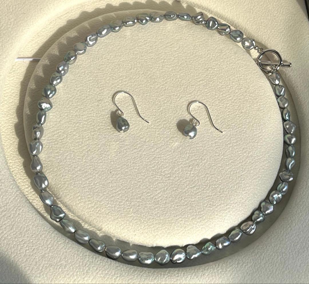 淡水ケシパール　ブルーグレー ネックレス　マンテル　41cm 6-6.8mm