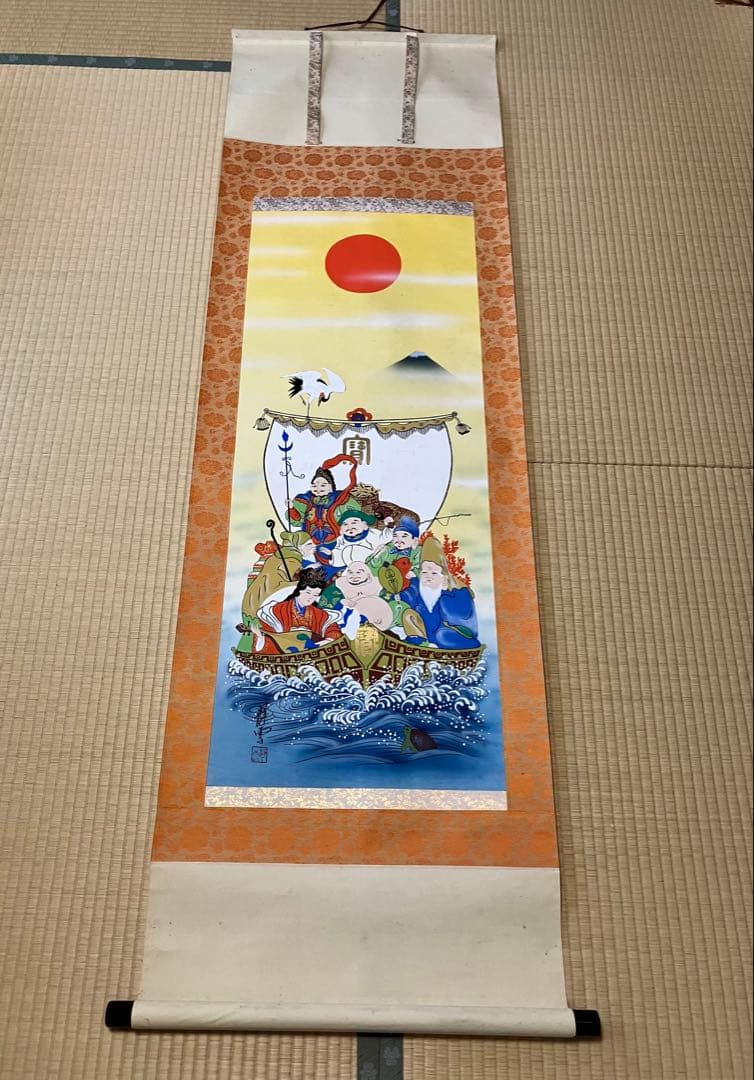 ウォーターライト　佐藤静雲筆 七福神宝船 肉筆絹 本掛軸 共箱 ビンテージ