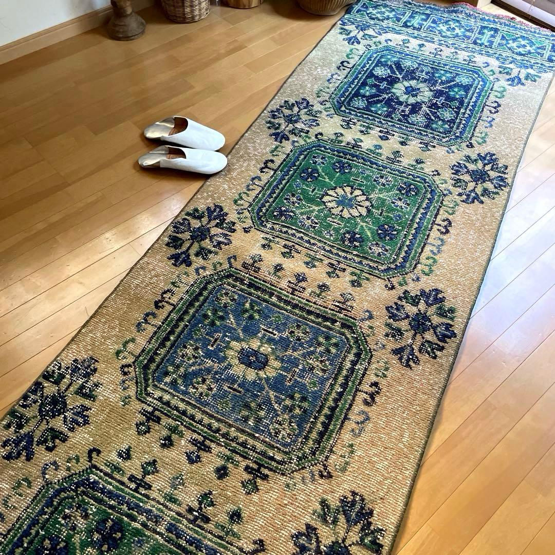 83×342 超ロング大判　ボタニカル　くすみイエロー　トルコヴィンテージラグ