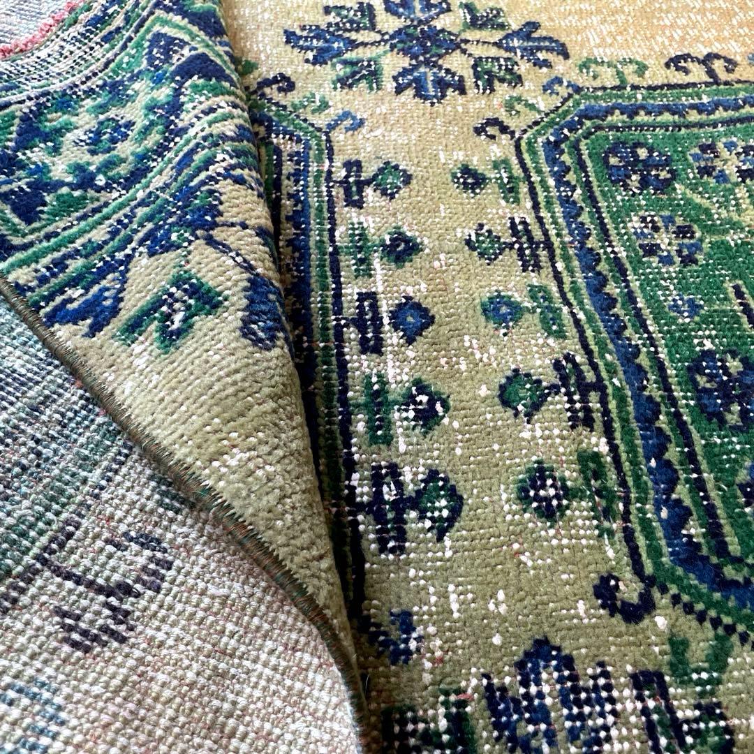 83×342 超ロング大判　ボタニカル　くすみイエロー　トルコヴィンテージラグ