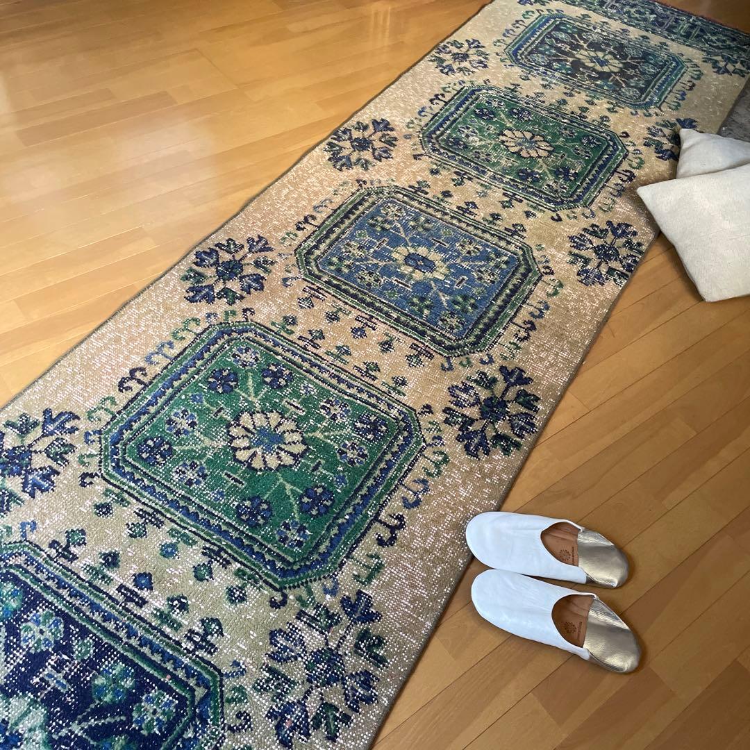 83×342 超ロング大判　ボタニカル　くすみイエロー　トルコヴィンテージラグ