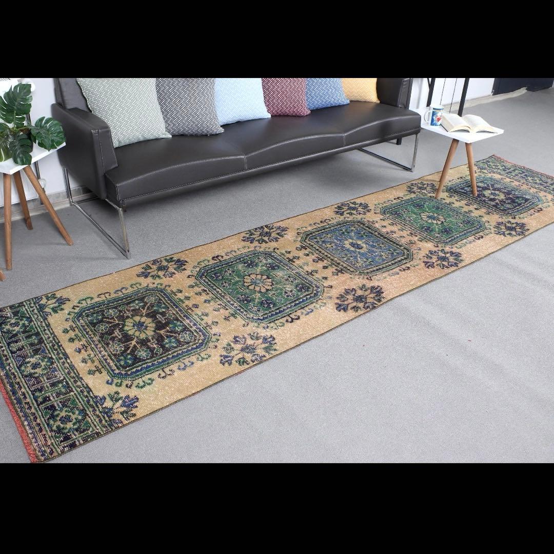 83×342 超ロング大判　ボタニカル　くすみイエロー　トルコヴィンテージラグ