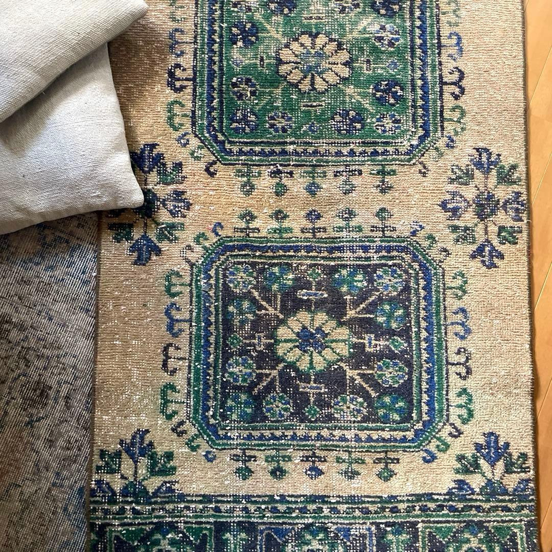 83×342 超ロング大判　ボタニカル　くすみイエロー　トルコヴィンテージラグ