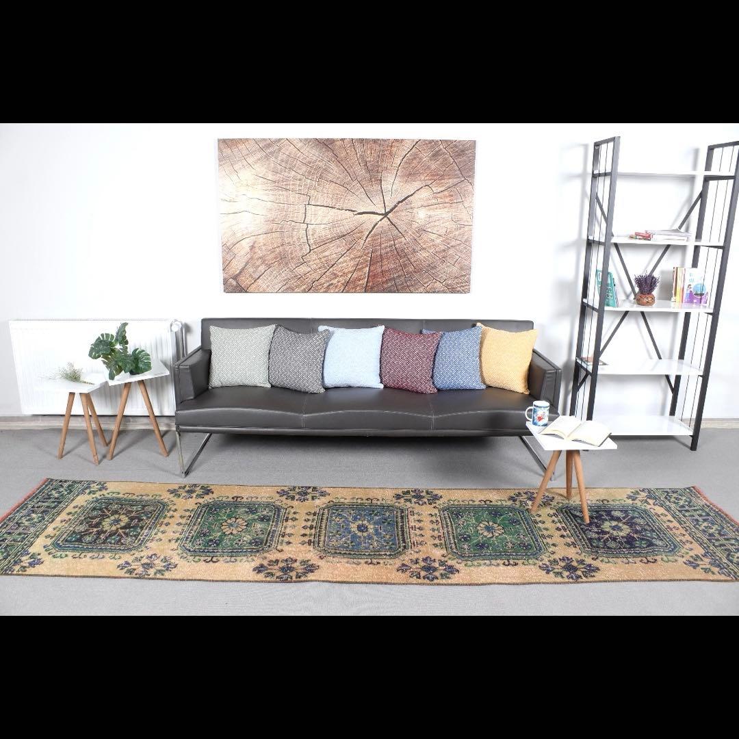 83×342 超ロング大判　ボタニカル　くすみイエロー　トルコヴィンテージラグ