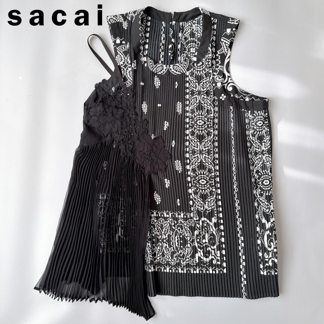 美品　sacai サカイ　レースプリーツトップス ノースリーブ ペイズリー柄