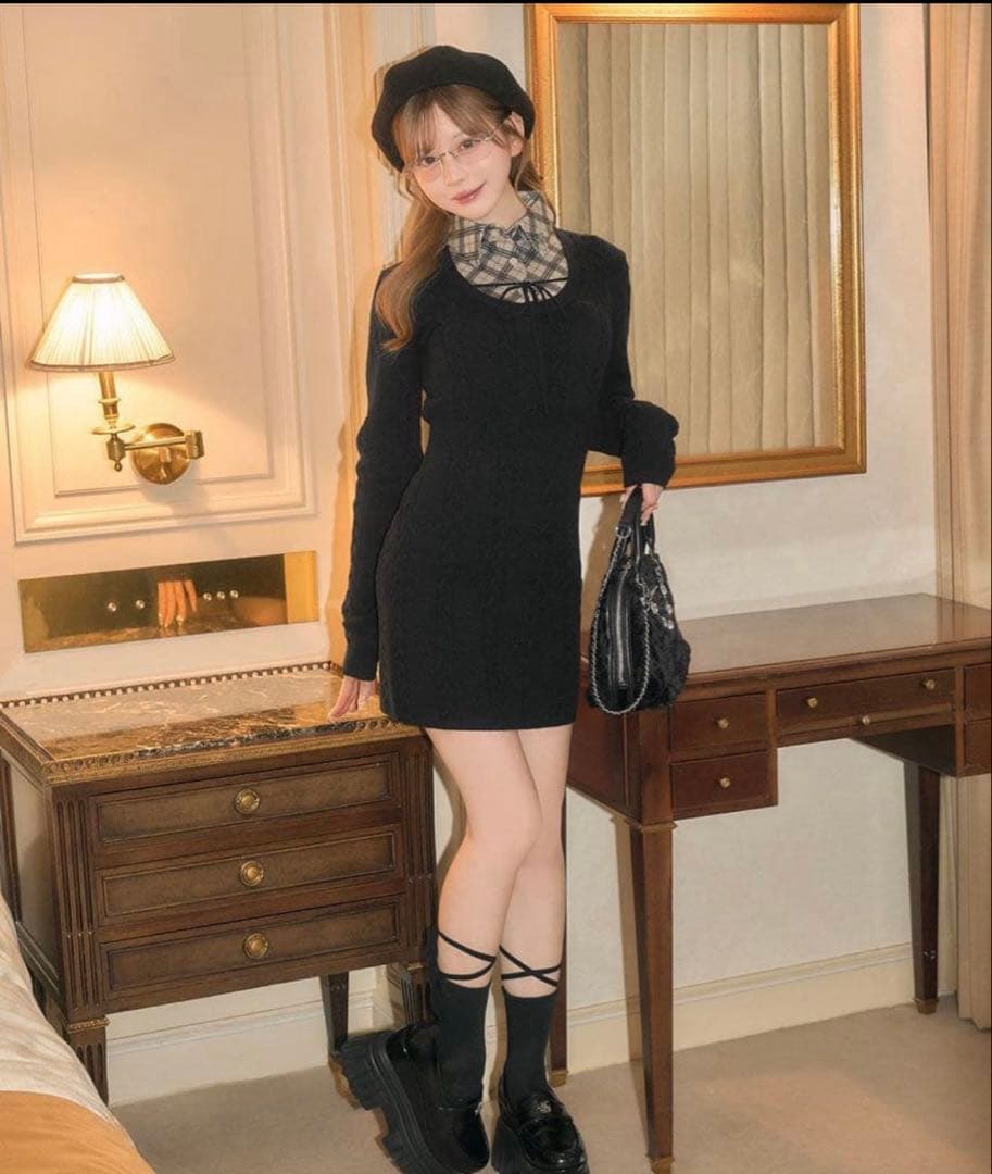 ミシェルマカロン シャツレイヤード風ニットワンピース