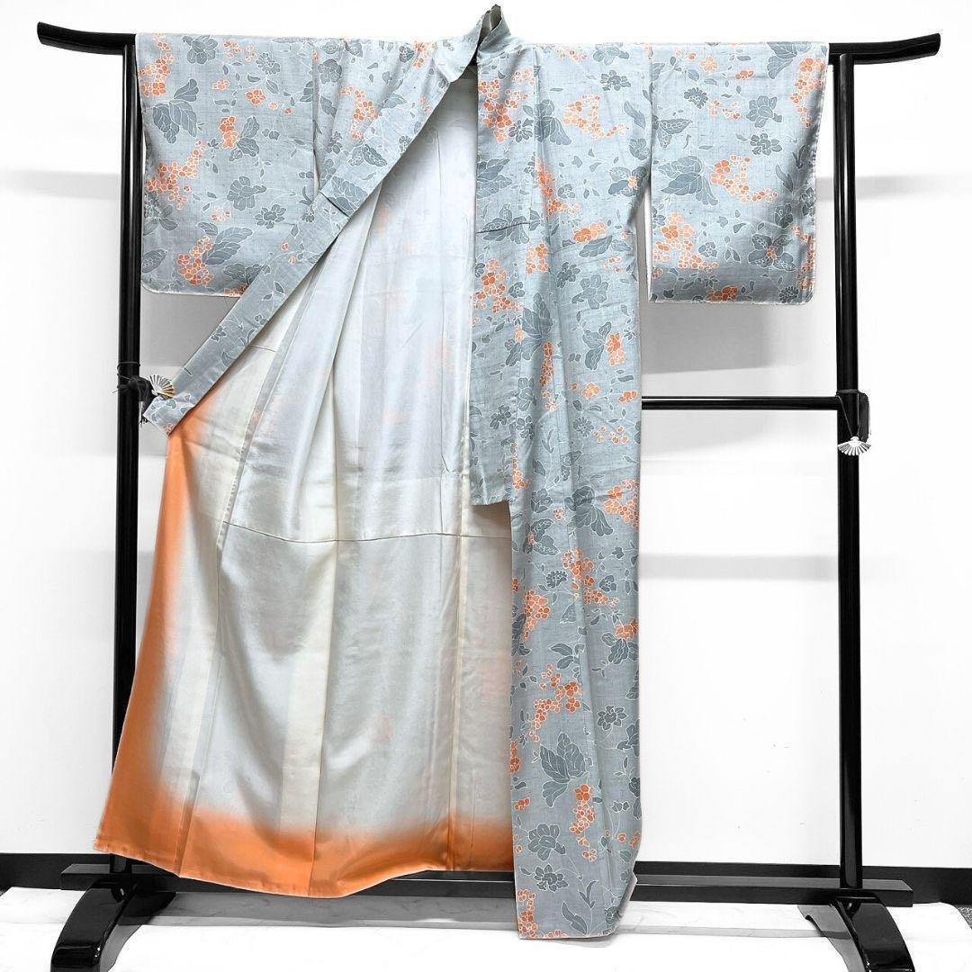 未着用　紬　唐花模様　蛍光オレンジ　小紋　花模様　着物　091w p