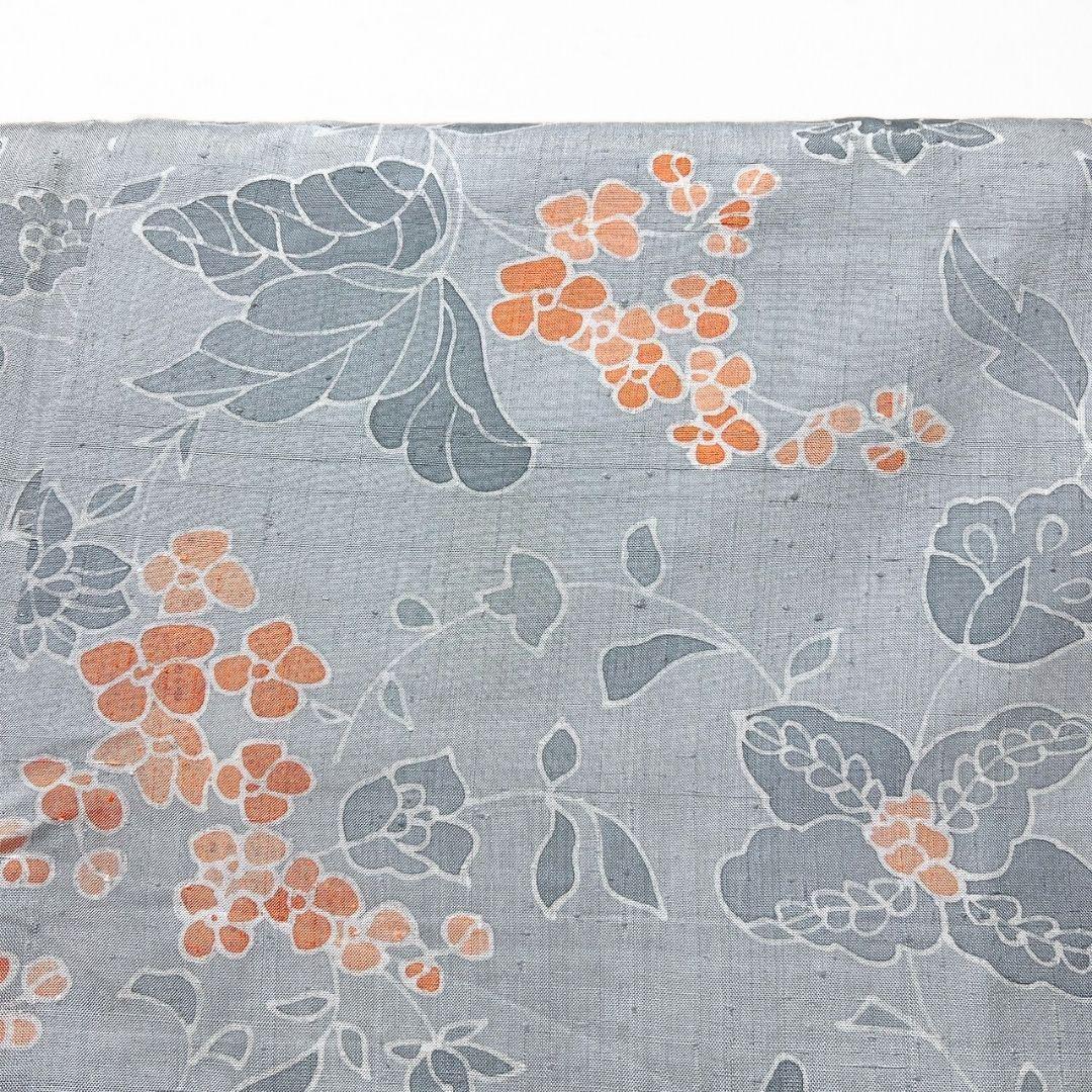 未着用　紬　唐花模様　蛍光オレンジ　小紋　花模様　着物　091w p