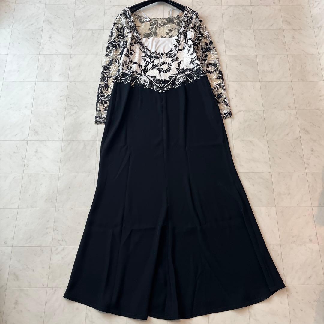美品♡タダシショウジ レース切替 ドレス 花刺繍 マキシ ブラック 14 XL
