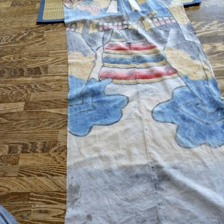 襤褸古布明治時代 のぼり旗手書き、珍品 家紋 襤褸古布藍染