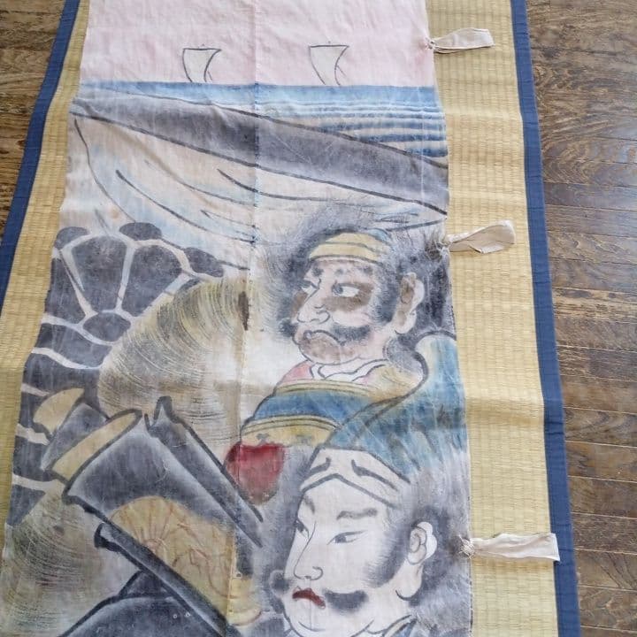 襤褸古布明治時代 のぼり旗手書き、珍品 家紋 襤褸古布藍染