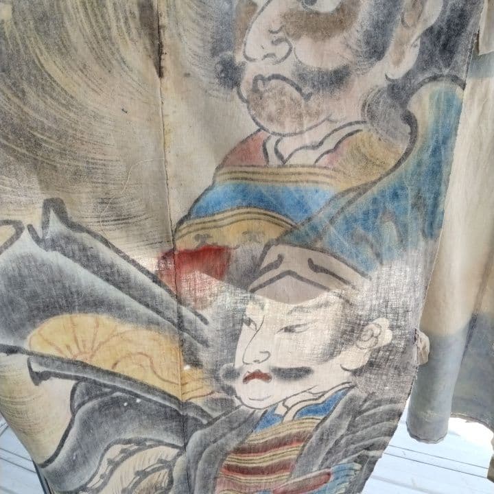 襤褸古布明治時代 のぼり旗手書き、珍品 家紋 襤褸古布藍染