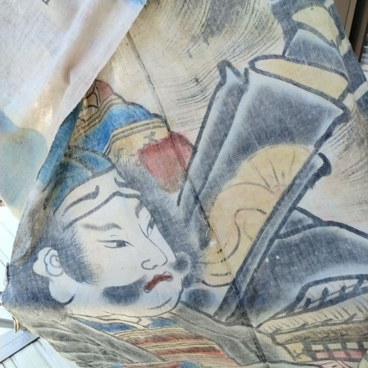 襤褸古布明治時代 のぼり旗手書き、珍品 家紋 襤褸古布藍染