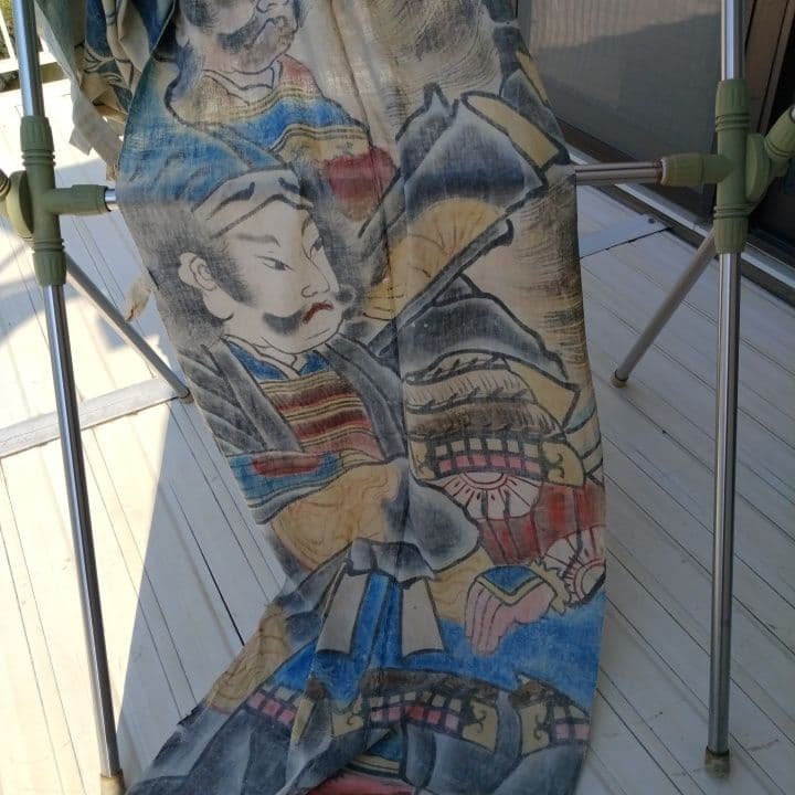 襤褸古布明治時代 のぼり旗手書き、珍品 家紋 襤褸古布藍染