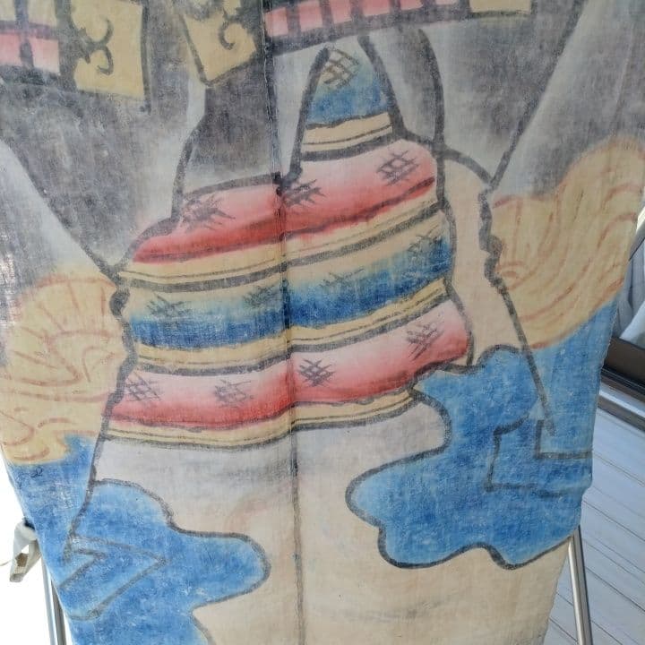 襤褸古布明治時代 のぼり旗手書き、珍品 家紋 襤褸古布藍染