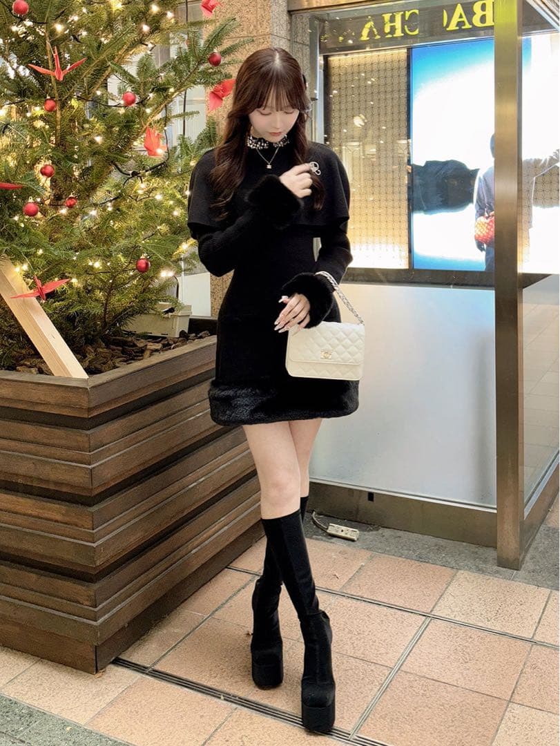 Darich ダーリッチ ビジューケープニットミニワンピース ブラック