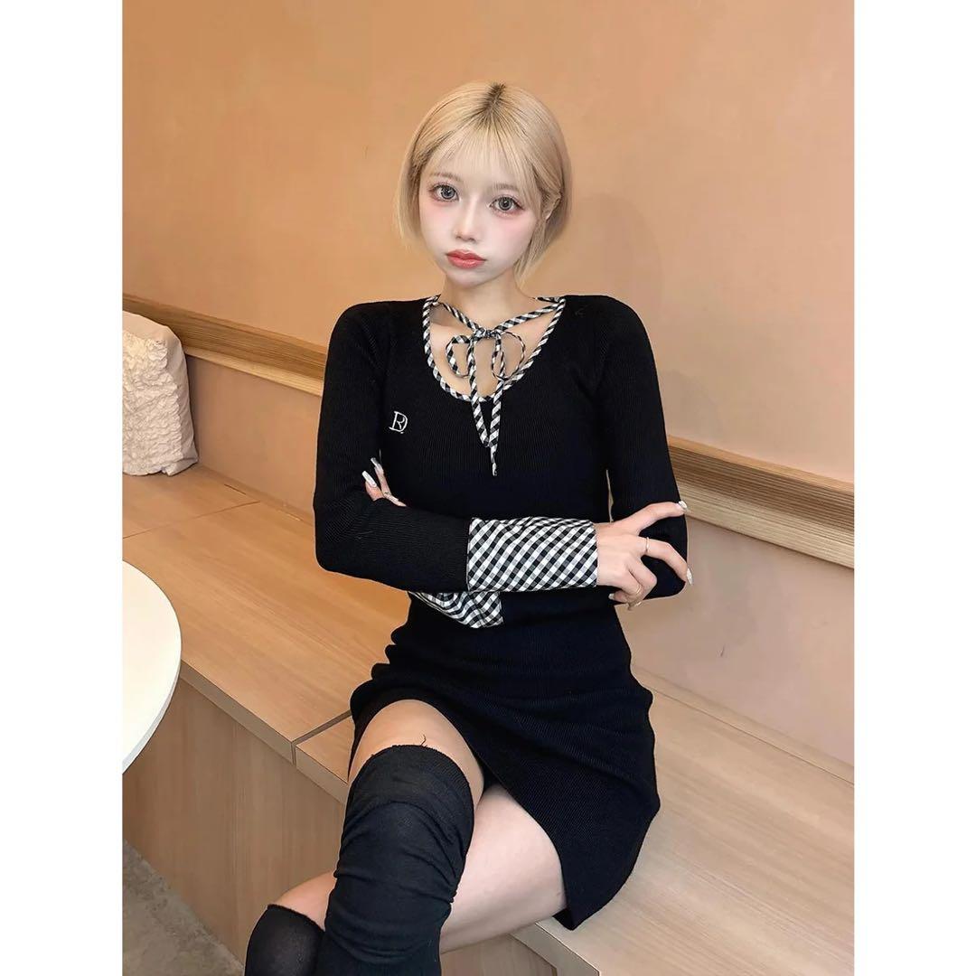 【大人気】ダーリッチ チェックリボンニットミニワンピース　黒