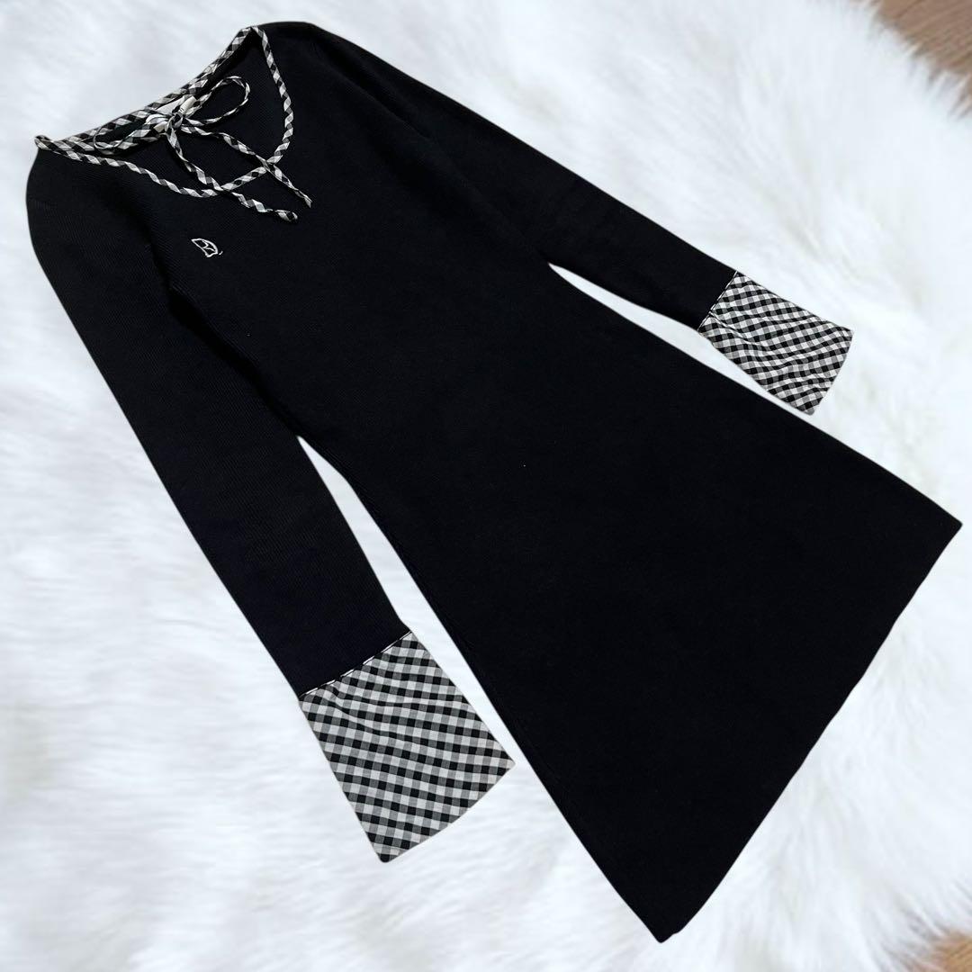 【大人気】ダーリッチ チェックリボンニットミニワンピース　黒