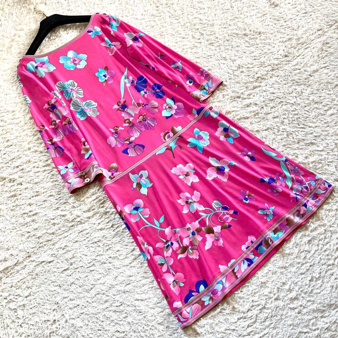 【美品】レオナール カンカン ボタニカル フラワートリム フレアワンピース