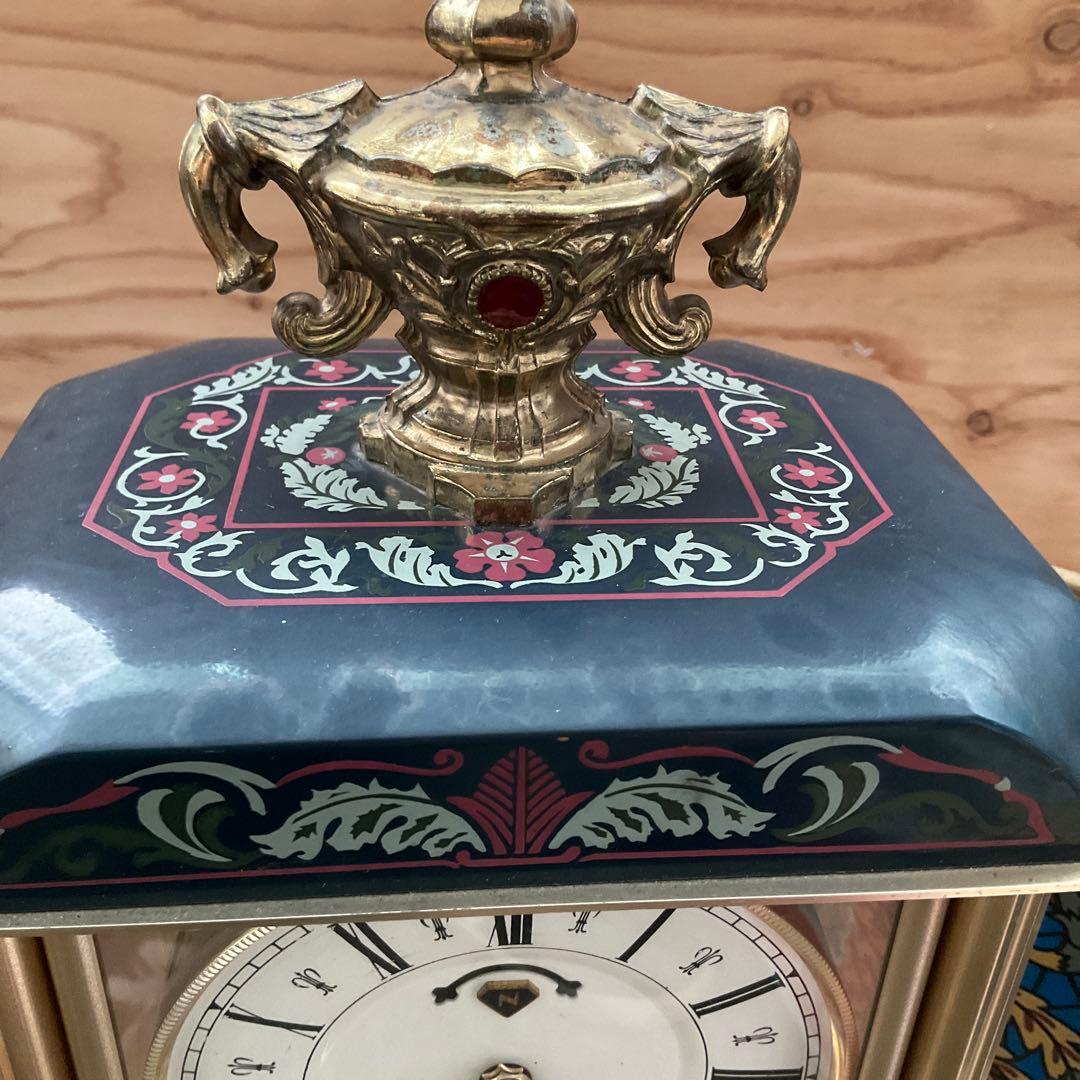 日本美術時計 Nマーク ステンドグラス風　ゼンマイ振り子式置時計 4面ガラス