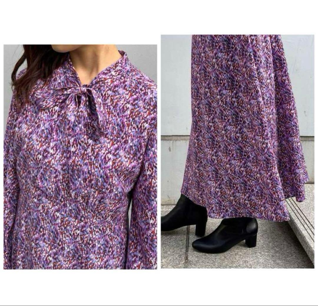 近年.極美品.定価2.8万☆アンタイトル 洗える ボウタイワンピース 総柄 0