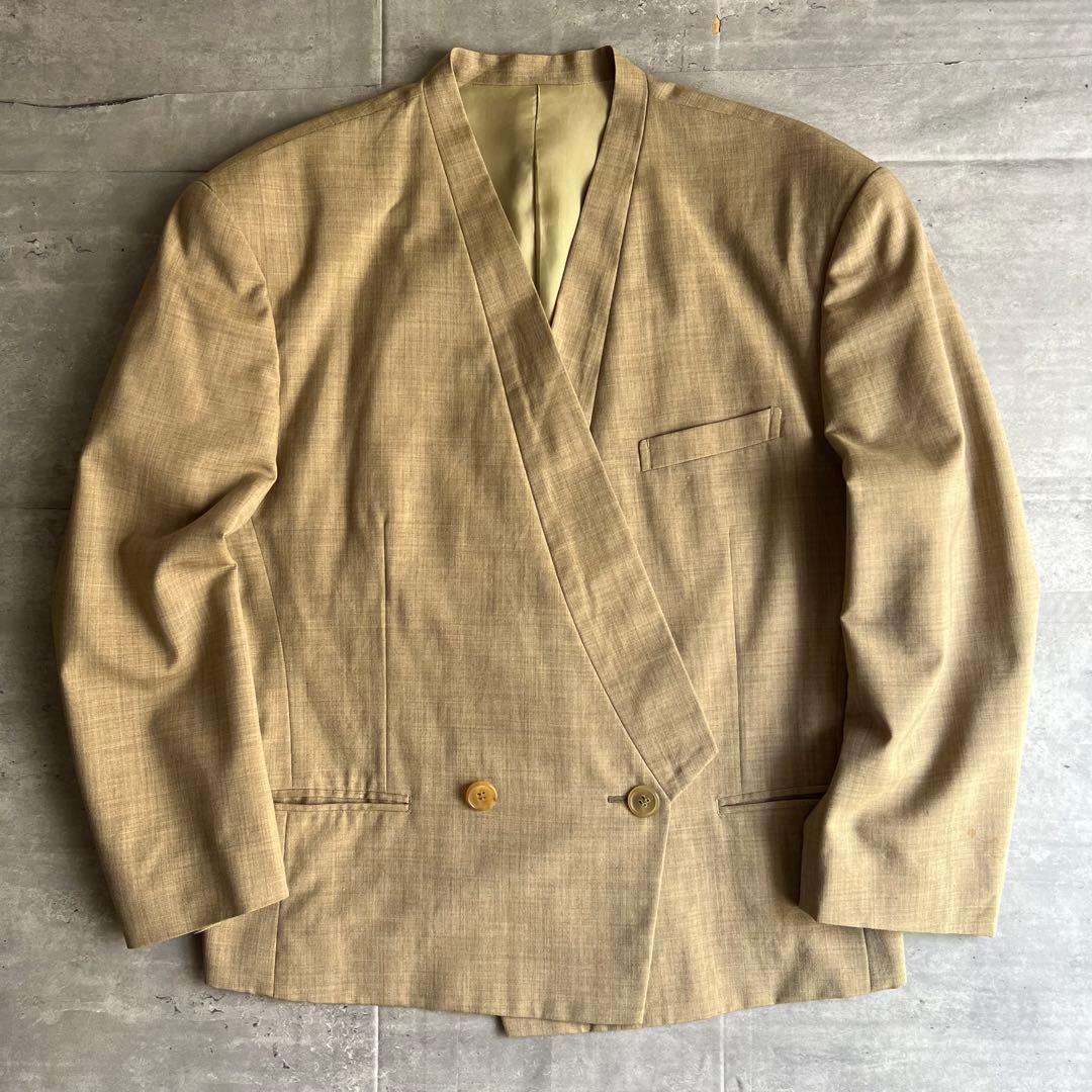 イッセイミヤケメン　アーカイブ　80s　筆タグ　ノーカラージャケット　ベージュ