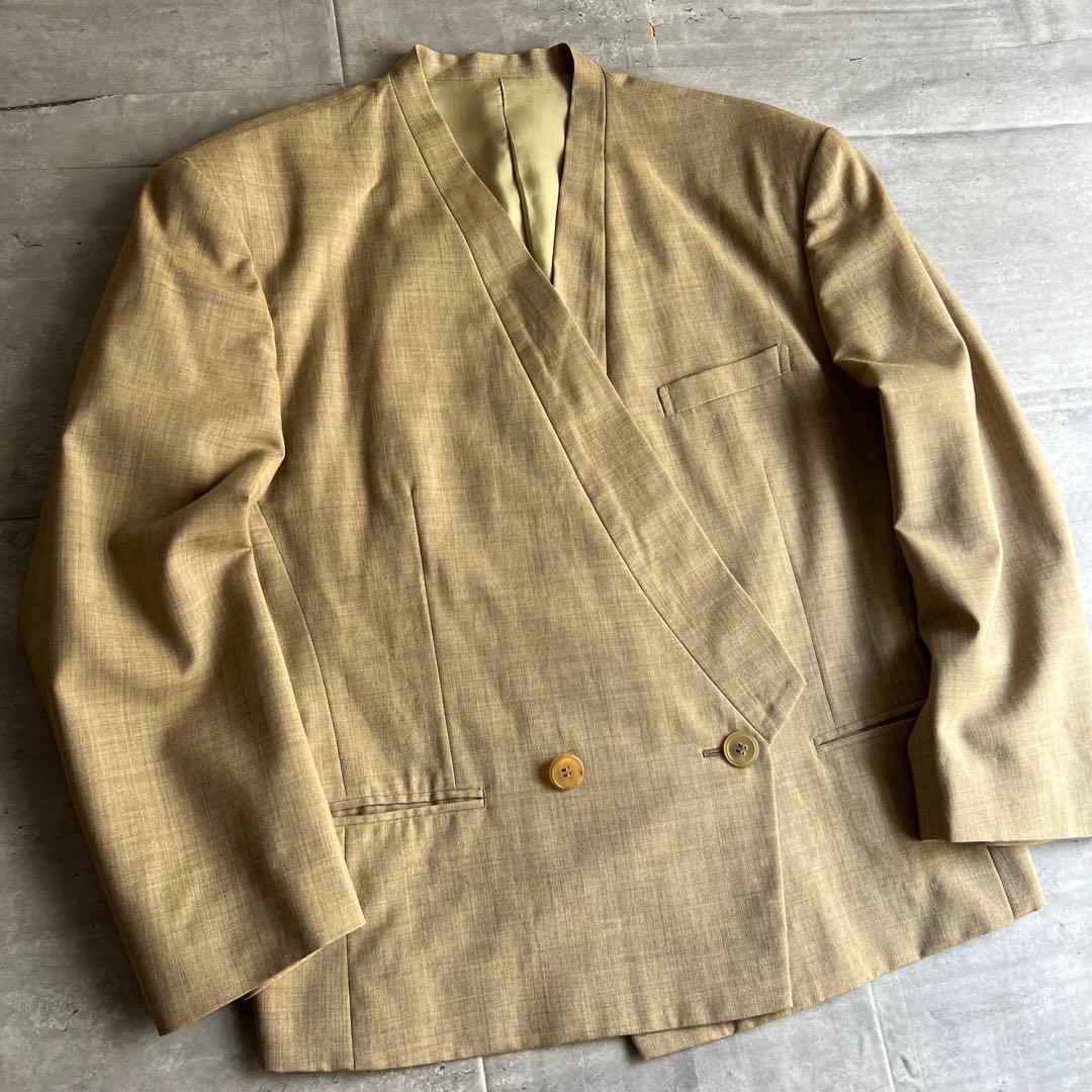 イッセイミヤケメン　アーカイブ　80s　筆タグ　ノーカラージャケット　ベージュ