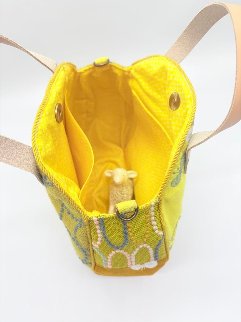 ミナペルホネン、ハンドメイド、 イエローパッチワーク、サークル トートバッグ