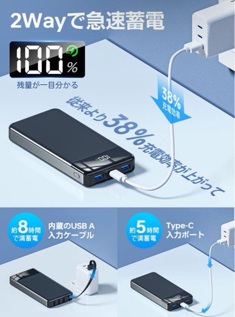 35000mAh大容量４本ケーブル内蔵モババッテリー22.5W急速6台同時可能
