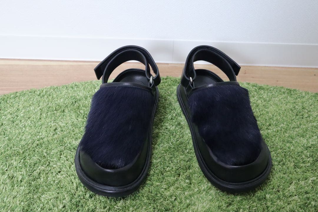 MARNI ファー サンダル フスベット　レザー　マルニ　メンズ　ネイビー